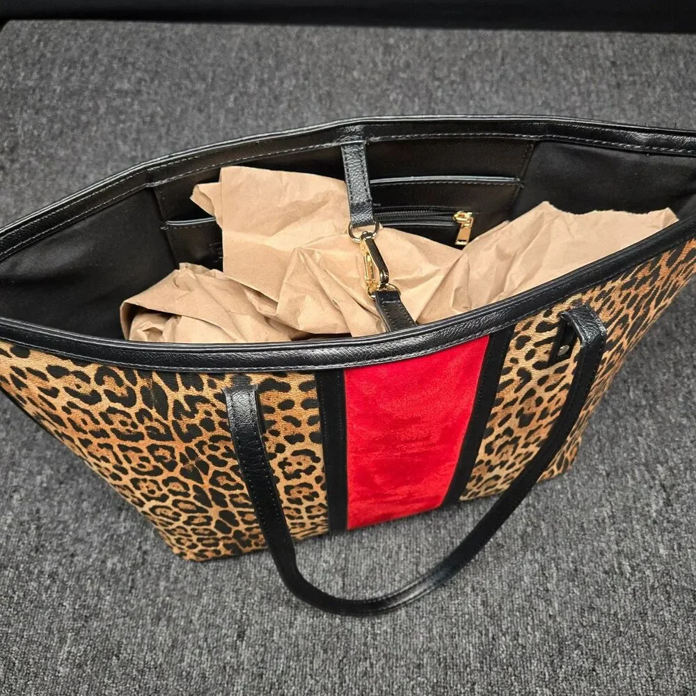 Chico’s Leopard Print Faux Suede Large Tote Red Stripe Animal Print Shoulder Bag